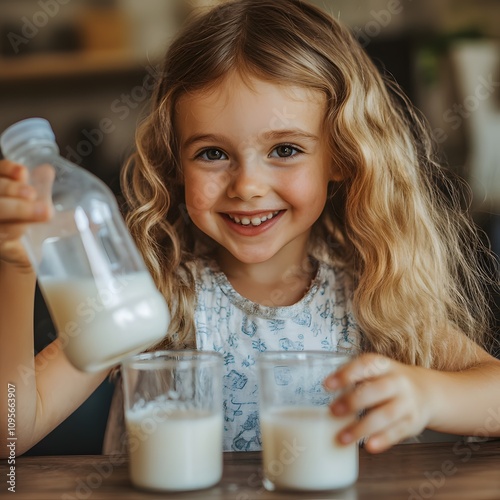 Little girl pouring milk into glasses home kitchen lifestyle photography bright environment cheerful viewpoint childhood joy