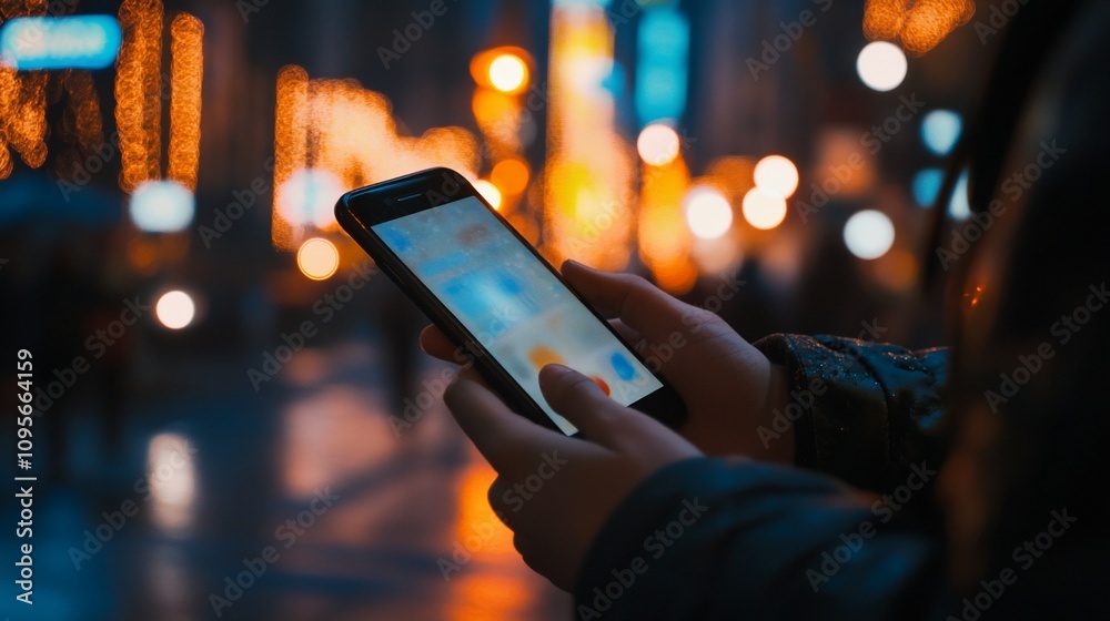 Person using smartphone at night in city. Person using smartphone at night in city.