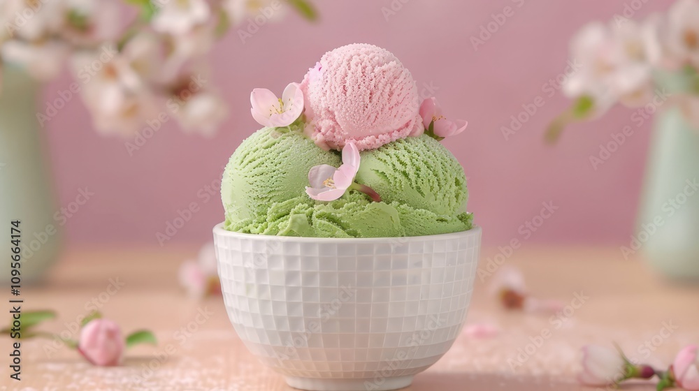 Colorful ice cream topped with flowers in a bowl. Colorful ice cream topped with flowers in a bowl.