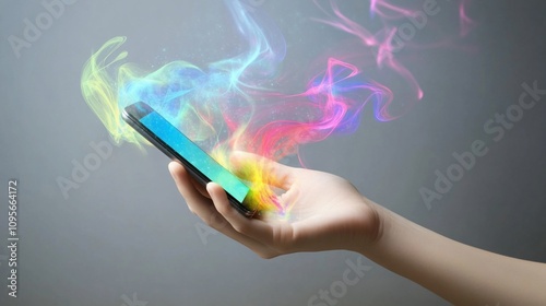 Hand holding smartphone with colorful smoke emanating from screen.