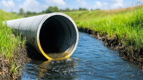 Effluent discharge pipes releasing treated wastewater into a river, with clean water merging seamlessly   effluent discharge, water quality photo