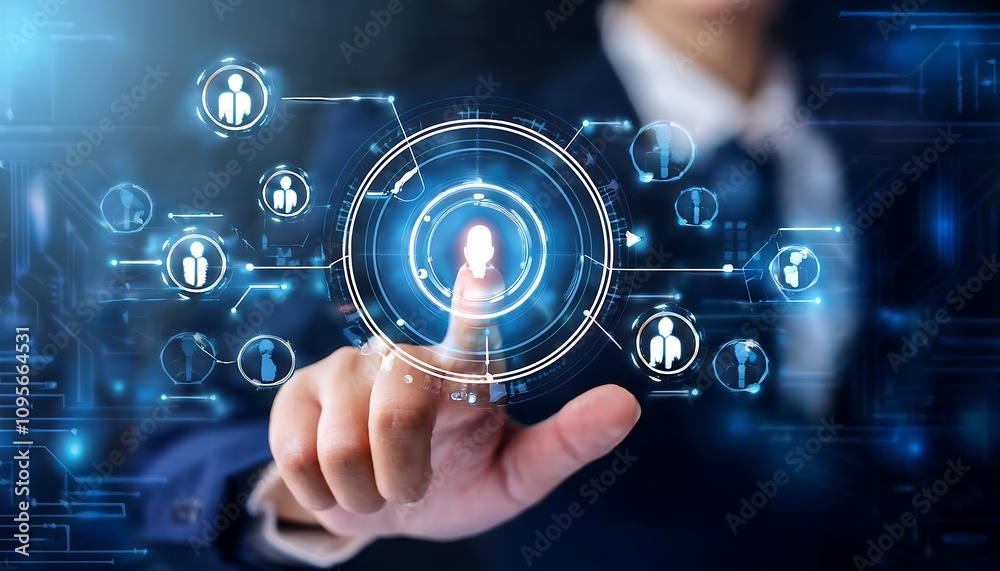 finger touching transparent screen with digital interface. Interface shows person icons. finger touching transparent screen with digital interface. Interface shows person icons.