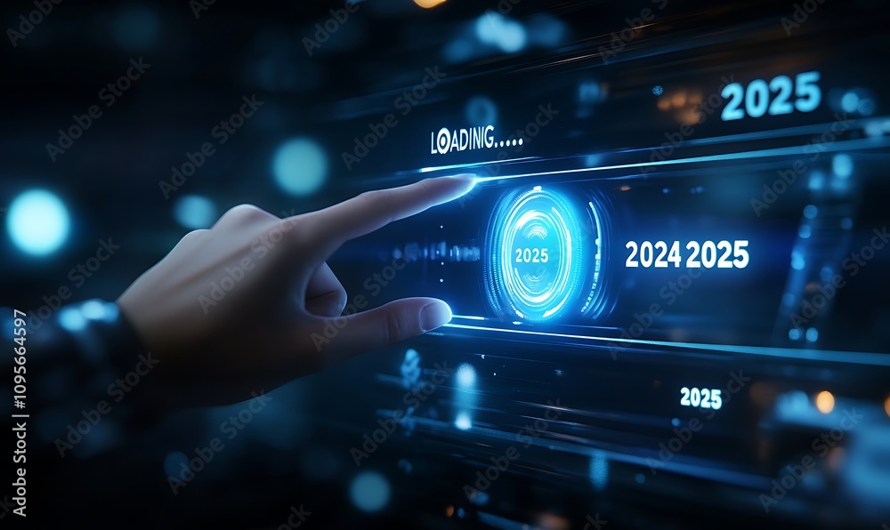 Fototapeta premium Progress and transition from 2024 to 2025 concept. A person pointing to loading bar transitioning from 2024 to 2025, progress, future planning, and new year goals. annual planning and business growth