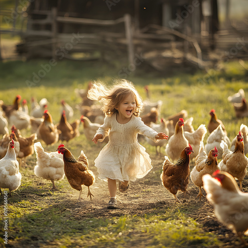Little girl joyfully playing among chickens on a farm outdoor setting nature atmosphere childlike wonder