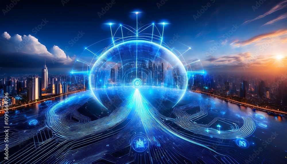 Obraz premium Future smart wireless communication and digital network technology concept icons