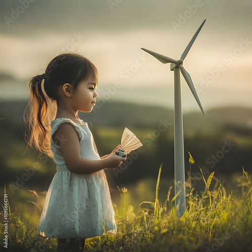 Little girl standing in nature with wind turbine model green landscape inspirational scene childhood environmental awareness