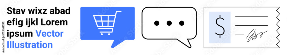 Shopping cart in blue, chat bubble with three dots, and receipt icon with signature. Ideal for e-commerce, online shopping, customer support, digital receipts, payment processing, communication, UI Shopping cart in blue, chat bubble with three dots, and receipt icon with signature. Ideal for e-commerce, online shopping, customer support, digital receipts, payment processing, communication, UI