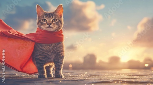 Courageous Cat in Red Cape Standing Confidently on Rooftop Backdrop at Sunset photo