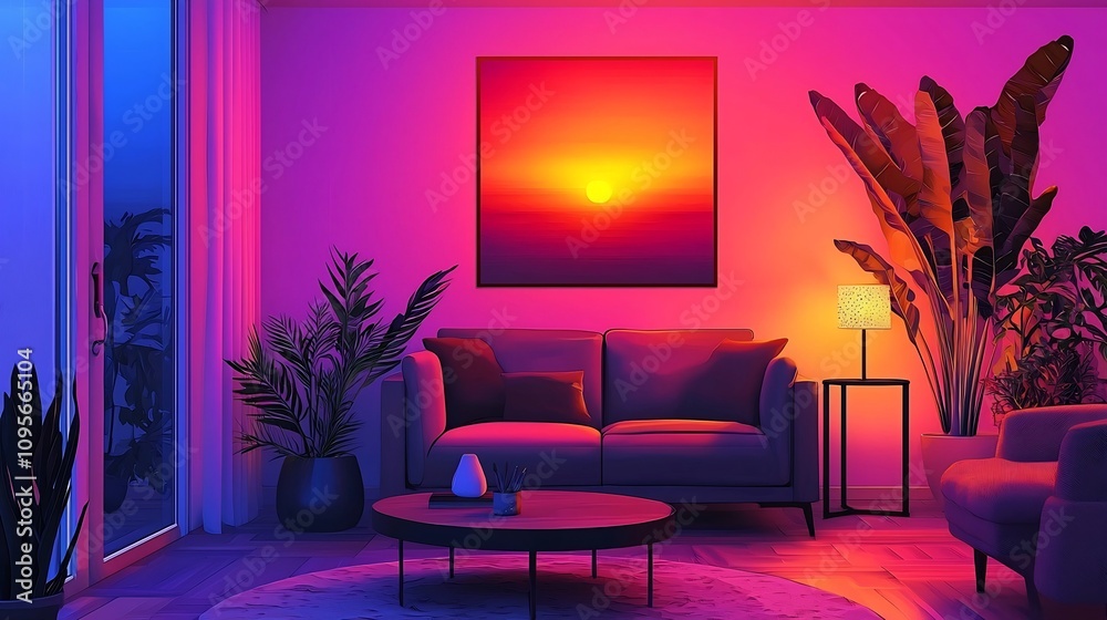 Cozy and inviting living room interior with vibrant and wall decor modern furniture and ambient lighting creating a warm and serene atmosphere Cozy and inviting living room interior with vibrant and wall decor modern furniture and ambient lighting creating a warm and serene atmosphere