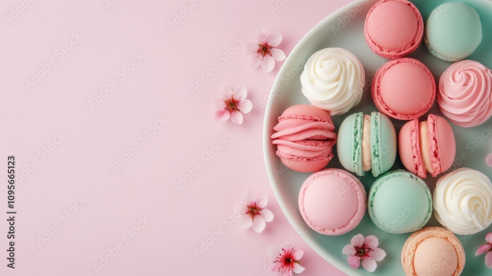 Colorful macarons and whipped cream on a plate. Colorful macarons and whipped cream on a plate.