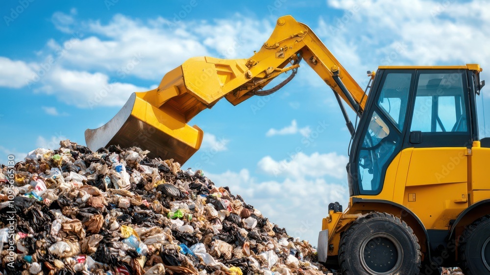 Obraz premium Innovative waste compactor technology reducing the volume of trash in landfills, saving space waste compactor, landfill efficiency