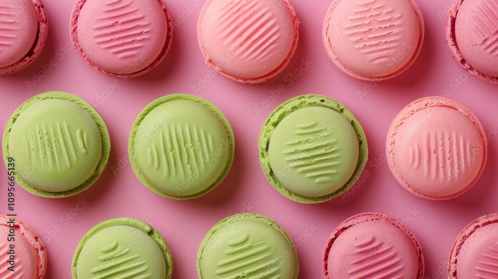 Colorful macarons arranged on a pink background. Colorful macarons arranged on a pink background.
