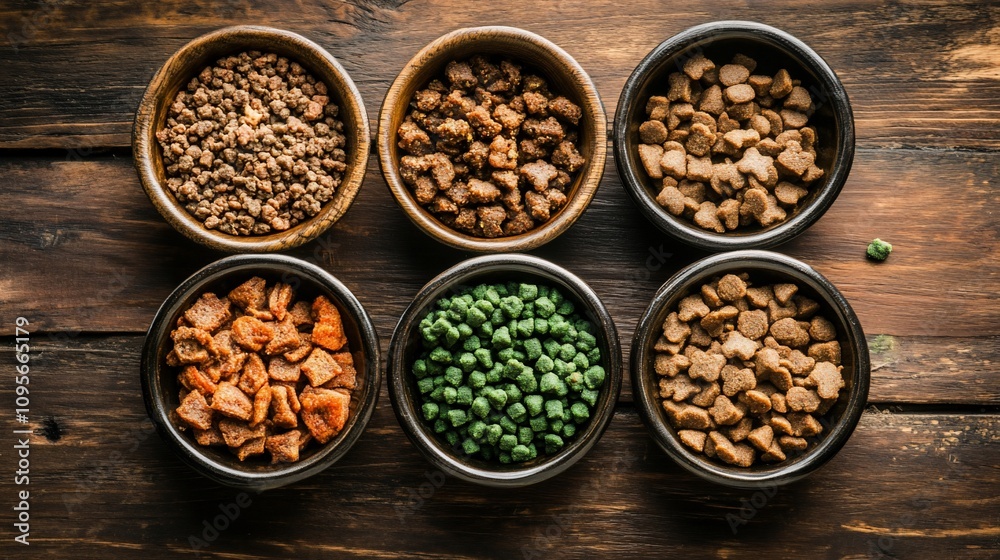 Six bowls of assorted pet food on wood. Six bowls of assorted pet food on wood.