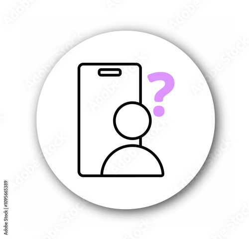 Seo file and approved line icon. Silhouette of man with question near smartphone. Customer support. UI and UX design element. Linear vector illustration