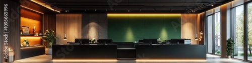 Modern Reception Area with Sleek Design, Warm Lighting, Green Chalkboard Wall, and Minimalist Furniture Creating a Welcoming Atmosphere for Guests and Clients