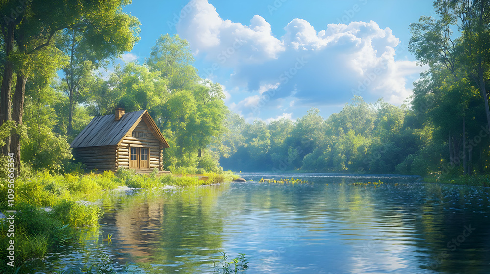 Fototapeta premium Cabin by the River 3D Illustration