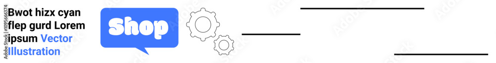 Blue speech bubble with Shop text and gear icons, Ideal for e-commerce, online shopping, tech solutions, customer support, digital marketing. Banner for landing page Blue speech bubble with Shop text and gear icons, Ideal for e-commerce, online shopping, tech solutions, customer support, digital marketing. Banner for landing page
