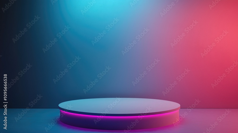 White Circular Pedestal with Pink Neon Light in a Blue and Pink Gradient Background White Circular Pedestal with Pink Neon Light in a Blue and Pink Gradient Background