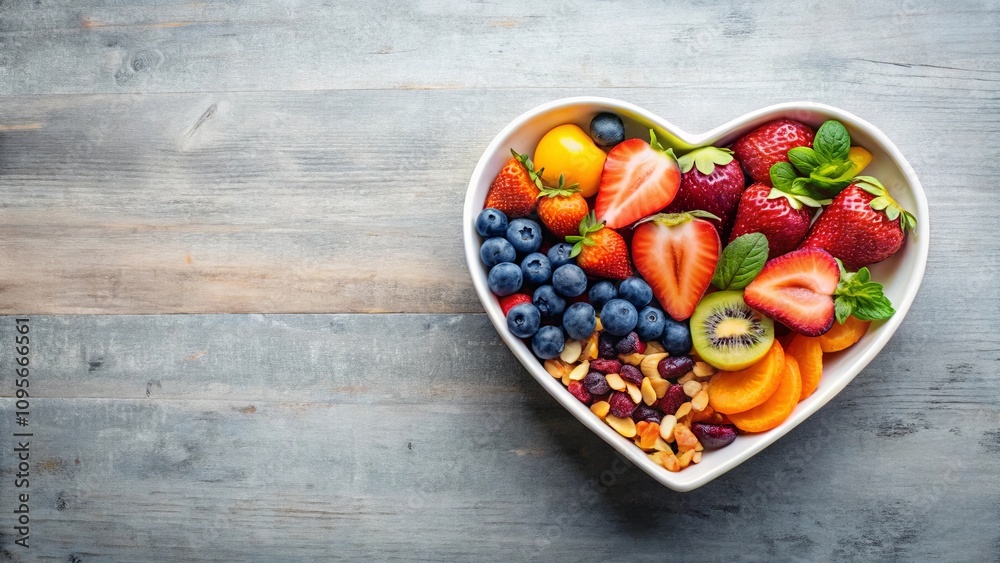 Heart-shaped bowl of vibrant fruits and nuts on a rustic wooden surface, a healthy and delicious snack or meal Heart-shaped bowl of vibrant fruits and nuts on a rustic wooden surface, a healthy and delicious snack or meal