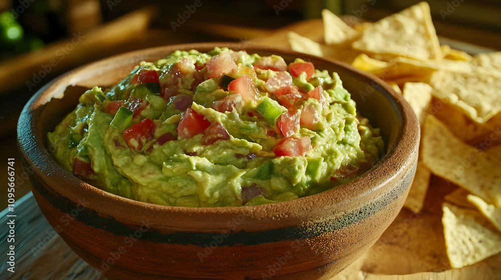 Guacamole with Tomatoes, Onion, and Cilantro in a Bowl with Tortilla Chips Guacamole with Tomatoes, Onion, and Cilantro in a Bowl with Tortilla Chips