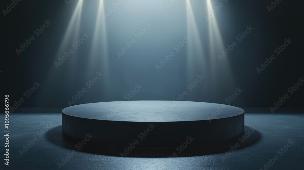A Dark Circular Platform Illuminated by Three Spotlight Beams A Dark Circular Platform Illuminated by Three Spotlight Beams