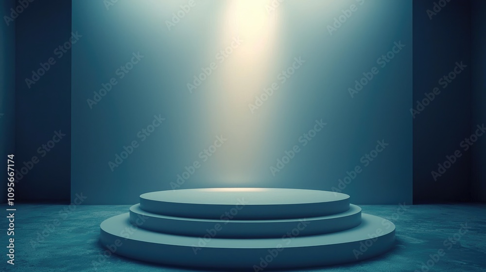 Three-tiered circular podium in a dimly lit room with a spotlight Three-tiered circular podium in a dimly lit room with a spotlight