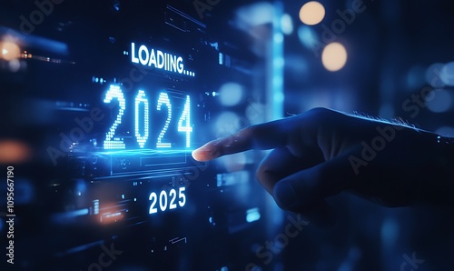  Progress and transition from 2024 to 2025 concept. A person pointing to loading bar transitioning from 2024 to 2025, progress, future planning, and new year goals. annual planning and business growth photo