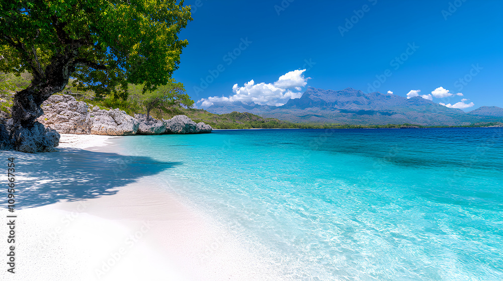 Fototapeta premium Panoramic View of a Beautiful Beach with White Sand and Turquoise Waters
