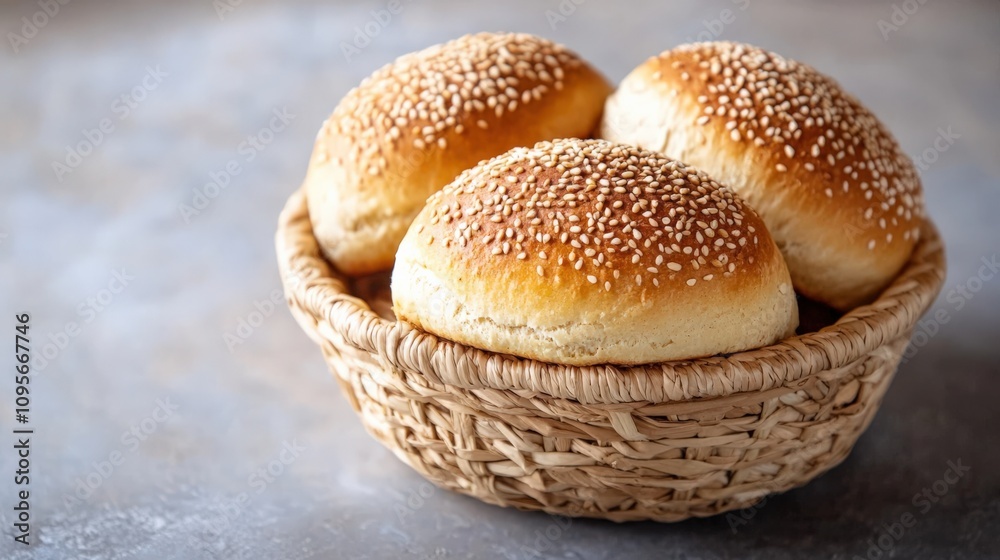 Freshly Baked Sesame Seed Buns in a Rustic Basket Freshly Baked Sesame Seed Buns in a Rustic Basket