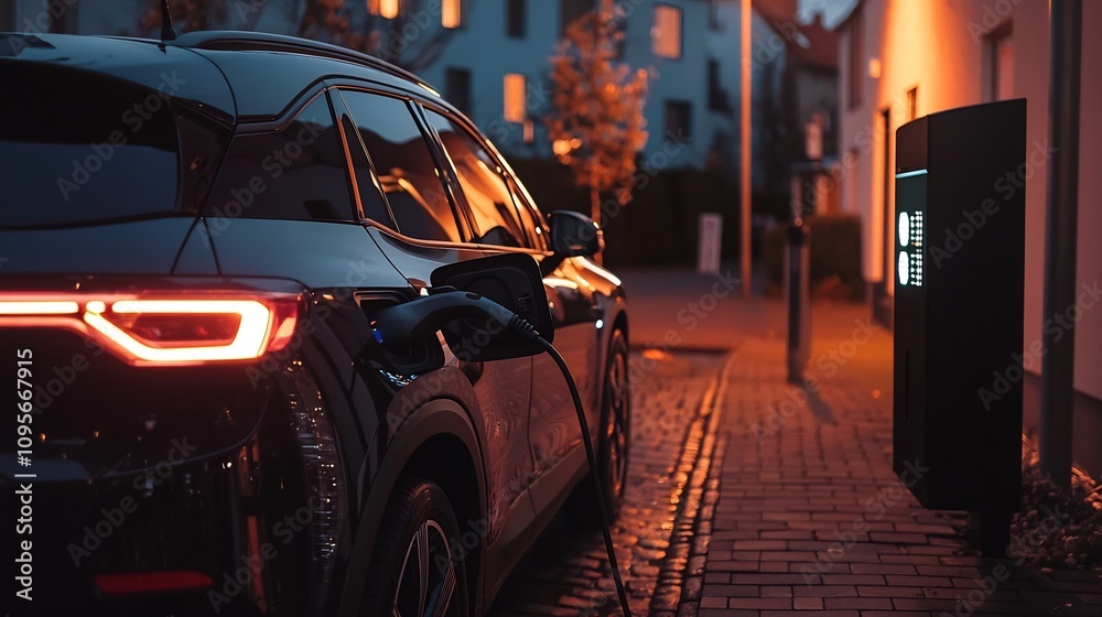 Futuristic electric vehicle charging station situated in a vibrant illuminated urban streetscape at night  The sleek