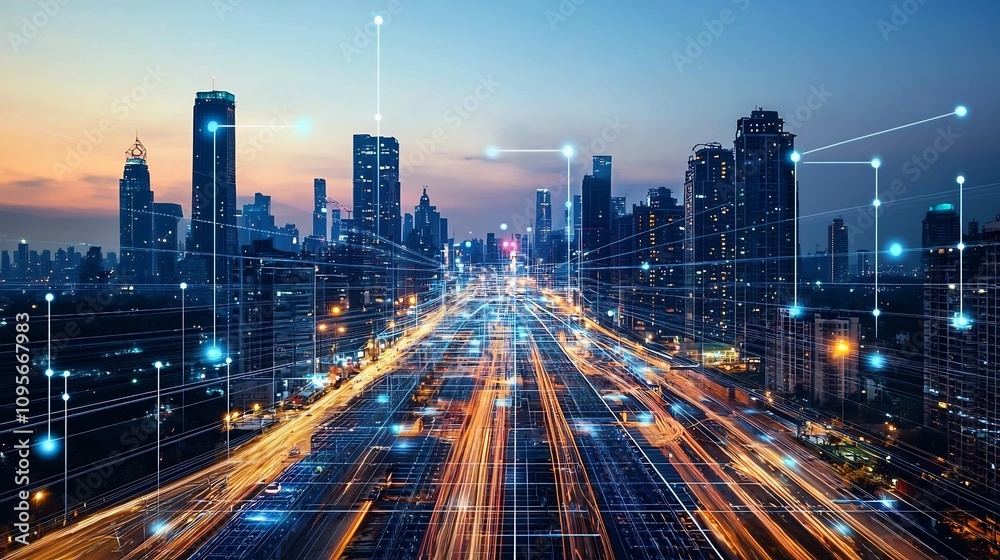 Futuristic metropolitan skyline showcasing the of renewable energy sources into an advanced interconnected urban smart grid system  The image depicts a dynamic