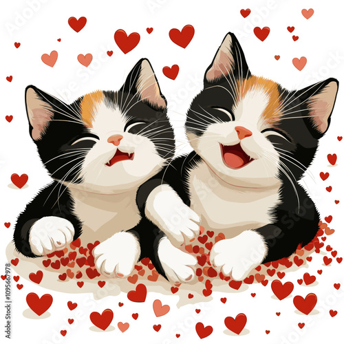 Adorable Calico Kittens Surrounded by Floating Red Hearts - Cute and Playful Cat Illustration Perfect for Love and Happiness Themed Valentine’s Day Cards