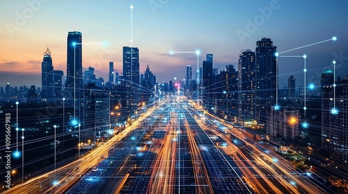 Futuristic metropolitan skyline showcasing the of renewable energy sources into an advanced interconnected urban smart grid system  The image depicts a dynamic