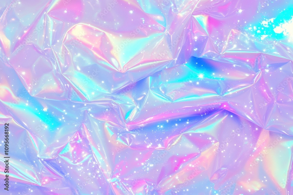 Obraz premium Crinkled holographic foil texture with vibrant neon reflections and metallic highlights