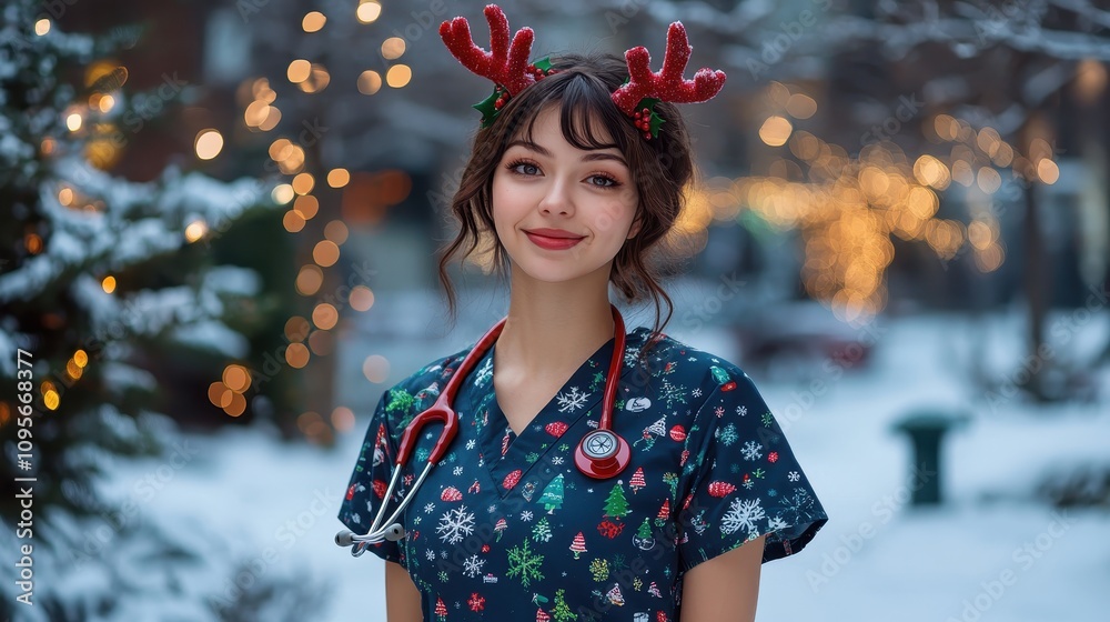 Festive Nurse in Holiday Scrubs with Reindeer Antlers Smiling in Winter Wonderland with Snow and Twinkling Lights Festive Nurse in Holiday Scrubs with Reindeer Antlers Smiling in Winter Wonderland with Snow and Twinkling Lights