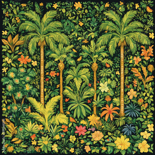 Vibrant Tropical Jungle with Palm Trees and Colorful Flowers - Lush Greenery and Exotic Floral Pattern in Nature - Tropical Paradise with Palm Trees and Flowers