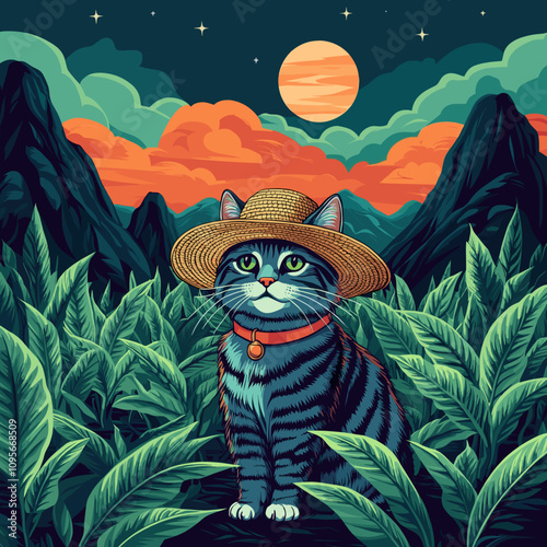 Whimsical Illustration of a Cat Wearing Straw Hat in Lush Jungle Setting with Sunset and Mountains in Background