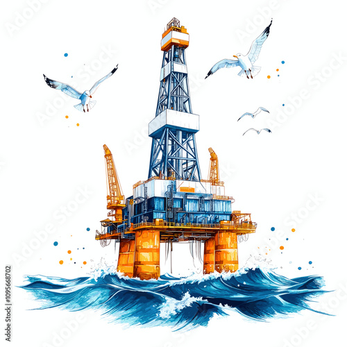 Offshore Oil Rig Illustration with Seagulls Flying Over Ocean Waves in Vibrant Watercolor Style Artwork - Energy Industry, Marine Life, Coastal Seascape