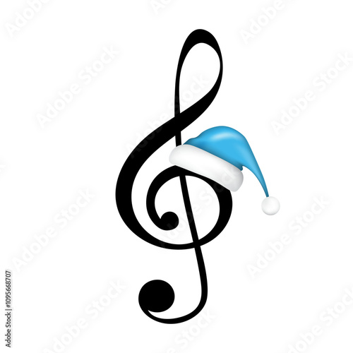 Music key with blue Santa hat, Christmas treble clef, vector illustration.