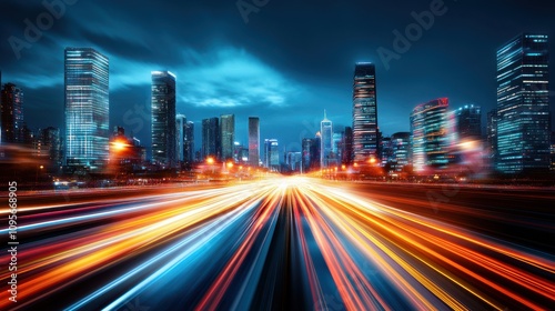 High Resolution Night Shot of Futuristic Cityscape with Dynamic Light Trails and Modern Skyscrapers Illuminated by Urban Glow