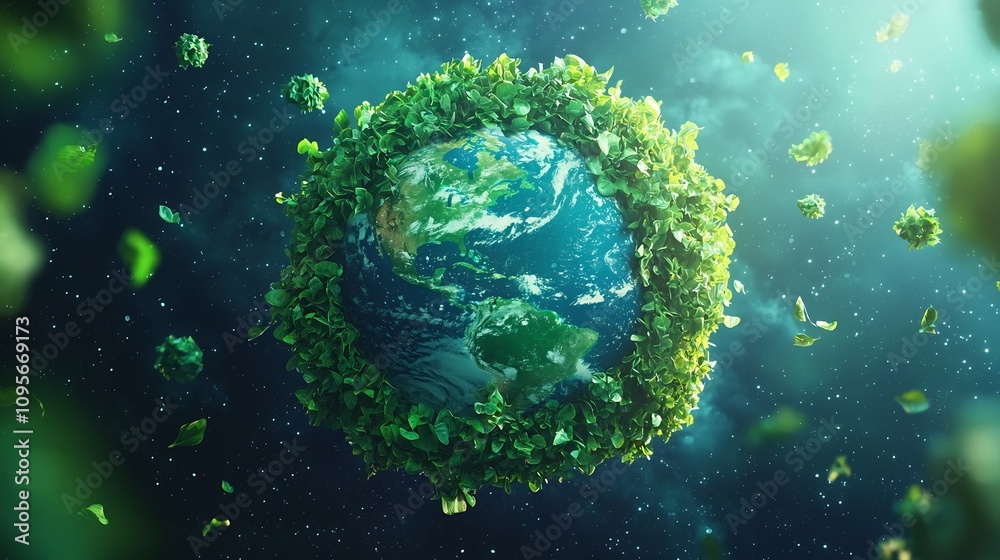 Fototapeta premium Lush green elements surrounding a floating earth globe symbolizing a sustainable and eco friendly future for our planet The image represents the harmony between technology nature