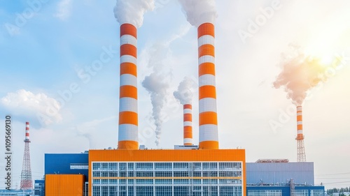 Waste-to-energy plant with large smokestacks, converting municipal waste into electricity and heat   waste-to-energy plant, renewable resources photo