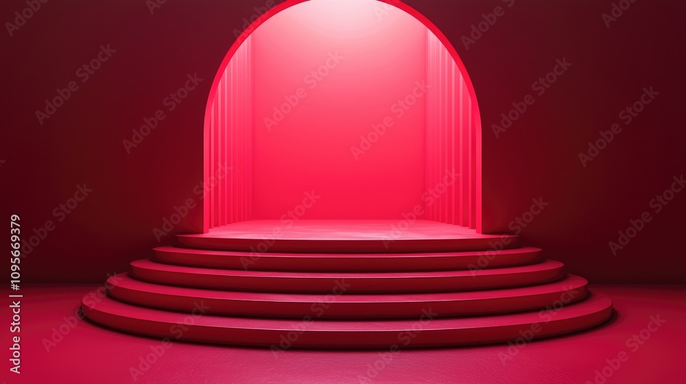 Red Circular Steps Leading to an Arched Entrance in a Red Room Red Circular Steps Leading to an Arched Entrance in a Red Room