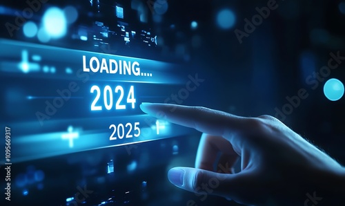  Progress and transition from 2024 to 2025 concept. A person pointing to loading bar transitioning from 2024 to 2025, progress, future planning, and new year goals. annual planning and business growth photo