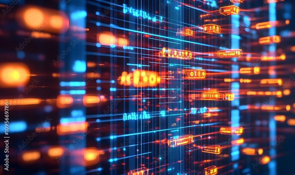 Obraz premium Abstract digital data flow, glowing lines and numbers.