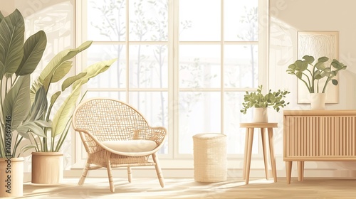 Neutral toned home decor with soft textures and wooden furniture creating a calm and inviting atmosphere in a modern minimalist living space