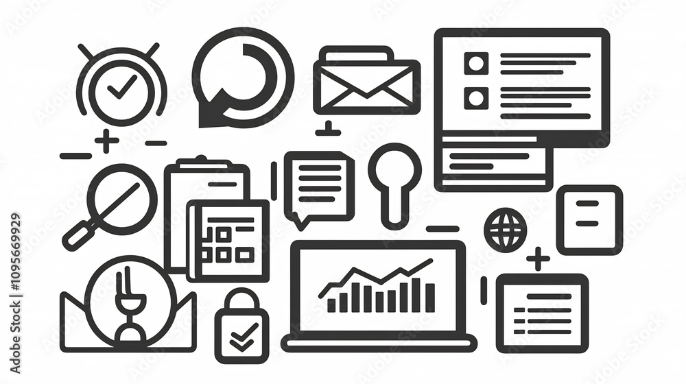 Outline icons showcasing key digital marketing concepts like strategy workflow teamwork and business goals for web software and data driven solutions Outline icons showcasing key digital marketing concepts like strategy workflow teamwork and business goals for web software and data driven solutions