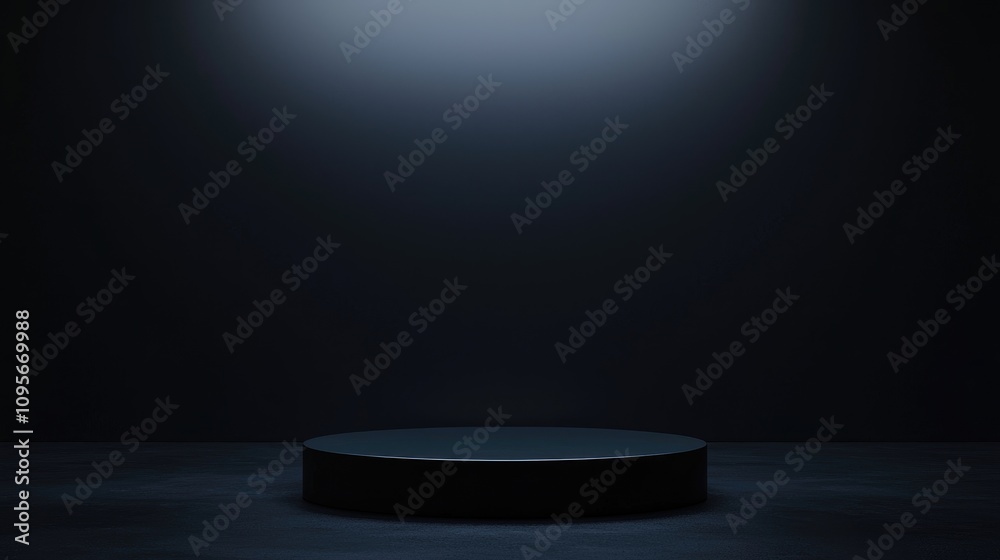 Single Black Cylinder Platform on Dark Background with Spotlight Single Black Cylinder Platform on Dark Background with Spotlight