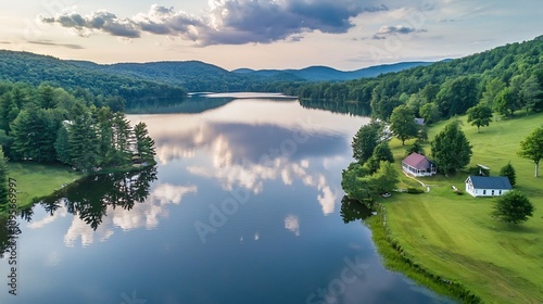 Overhead shot of a serene mountain lake with calm reflections of the surrounding green forested hills and peaks in the distance creating a peaceful and tranquil natural landscape