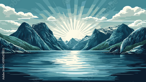 Stunning Mountain Fjord Sunrise Illustration with Reflective Water and Majestic Clouds Capturing Scenic Nature Landscape Perfect for Tranquil Artwork Decor